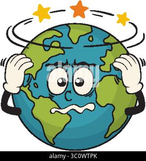 Whimsical illustration of Earth with a dizzy expression and stars circling. Bright colors, cartoon style, humorous concept Stock Vector