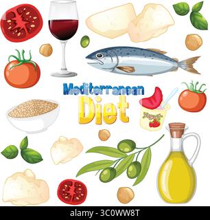 Colorful vector illustration of Mediterranean diet foods with fish, vegetables, and olive oil. Bright, clean composition with vibrant colors Stock Vector