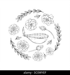Sacred Diya circle black and white vector illustration. Indian clay Diya lamp with burning flame surrounded by marigold and lotus flowers. For Diwali Stock Vector