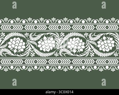 White zig zag floral lace border pattern stripe on denim blue background for decorations, fabric prints, table runner, and orhter prints Stock Vector