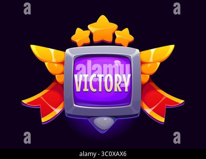 Victory award game icon. Vector Ui badge asset with purple square screen and word victory, golden wings, stars, bright red ribbons. Cartoon reward for arcade, mobile or online games win pop up screen Stock Vector