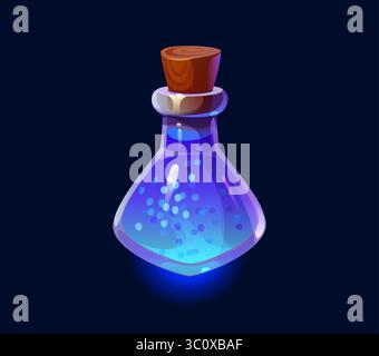 Enchanting glowing blue potion bottle with sparkling bubbles. Isolated cartoon vector mystical elixir or magical brew flask with wooden cork stopper. Wizard magic poison for fantasy magical adventure Stock Vector