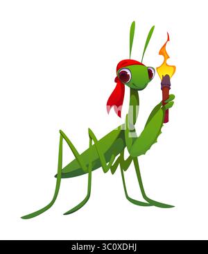 Cartoon praying mantis animal character dressed as a pirate wearing red bandana and holding a lit torch. Isolated vector fantasy game or book insect swashbuckler personage ready for nautical adventure Stock Vector