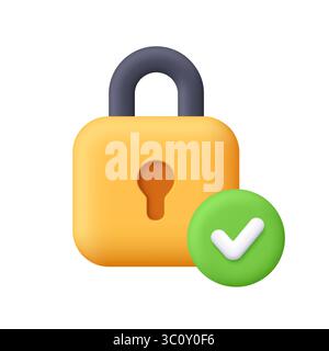 Yellow padlock with a green check mark. Security, successful login, secure access, cyber security, password validation and authentication concept. Stock Vector