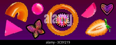 Y2k pixel art shapes in brutalism style - orange and pink geometric forms, butterfly icon, heart symbol and retro elements on purple background. Nostalgic digital aesthetics for vaporwave designs. Stock Vector