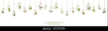 hanging baubles colored green with different abstract icons for christmas and winter time concepts and greetings for christmas and New Year Stock Vector