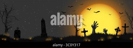 EPS 10 vector illustration with undead hands in front of full moon with scary illustrated elements for Halloween background layouts Stock Vector