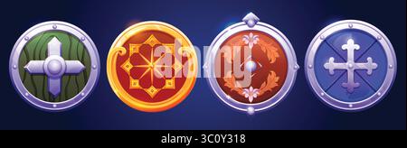 Medieval cartoon shield set for games - green wooden with cross, golden disc with star pattern, bronze with floral wreath, blue metal with holy symbol. Knight equipment rpg ui assets collection. Stock Vector