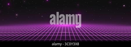 Retro game grid landscape - purple neon wireframe floor extending to horizon with starry night sky and glowing atmosphere. Classic synthwave aesthetic for arcade backgrounds, 80s and cyberpunk scenes Stock Vector