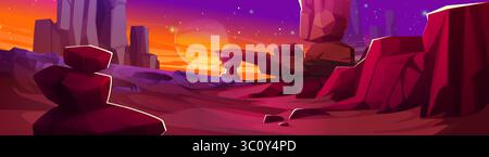 Alien planet landscape with vibrant red rocky terrain, stone formations, orange sunset sky with stars and moon, cliffs and stones in sci fi environment for space exploration game level design. Stock Vector