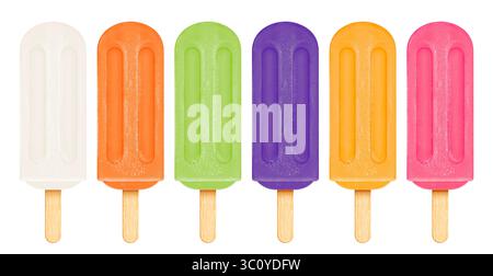 COLORFUL FRUIT POPSICLES IN MANY FLAVORS ON ISOLATED WHITE BACKGROUND Stock Photo