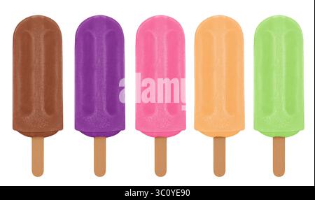 FRUIT POPSICLES IN FLAVOR, CHOCOLATE, GRAPE, STRAWBERRY, CAJÁ AND GREEN APPLE ON ISOLATED WHITE BACKGROUND Stock Photo