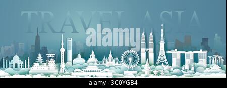 Travel landmarks of Asia with panorama view, Landmark architecture modern building of Asean, Tourism landmark business city with paper origami style f Stock Vector
