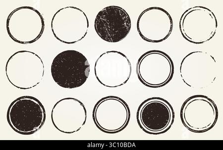 Retro Grunge circle stamps frames vector icon shape set. Black round empty stamp border pack. Blank Stamp template grunge ink rubber labels collection Stock Vector