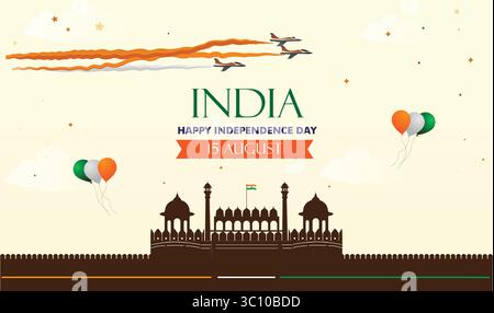 happy Independence Day with Fighter Jets & Red Fort Silhouette with Tricolour Trails Stock Vector