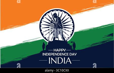 Gandhi Silhouette with Ashoka Chakra and Tricolour  for Indian Independence Day Stock Vector