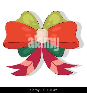 Multicolor Christmas Bow With Red, Green, Yellow And Pink Ribbons Isolated on White Background. Cute bow tie in retro style. Vintage ribbon. Cute Stock Vector