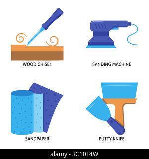 Furniture renewal tools flat icon set. Scraper craft instruments. Chisel, orbital sander, sandpaper and putty knife. Vector illustration Stock Vector