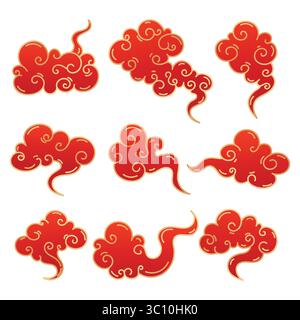 Collection of Chinese Oriental Clouds. Red elegant chinese style clouds with golden border. Asian japanese traditional cloud ornaments set. Chinese Stock Vector