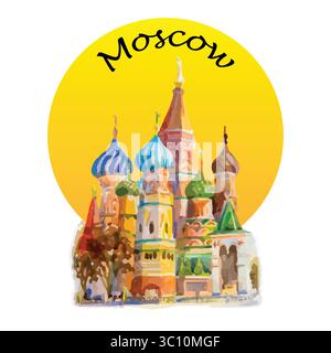 Modern art, symbol, Watercolor painting illustration. World famous landmark Cathedral of St. Basil in the Red Square Russia. Vector illustration. Stock Vector