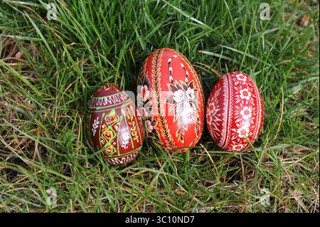 Traditional hand-dyed and hand-painted Easter eggs on the green grass in Poland called pisanka or kroszonka or kraszonka, Poland, Europe Stock Photo