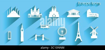 Icon set of europe architecture symbol on blue background with long shadow,  Illustration white european icon, Symbol collection, Paper cut origami an Stock Vector