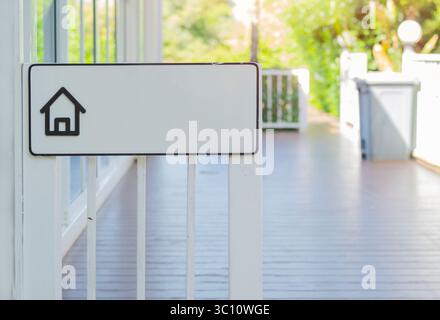 Signboard mockup and template empty frame for logo or text on exterior in front of modern house balcony. Stock Photo