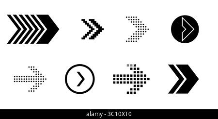 Next slide arrow icons for swipe and scroll interface vector elements with hand and finger navigation in pixel and line styles for button movement and Stock Vector