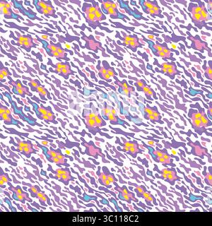 Seamless pattern of fantastic animal, camouflage pattern. Bright stripes and spots of purple and pink, yellow and blue dots in a random order on a pin Stock Vector