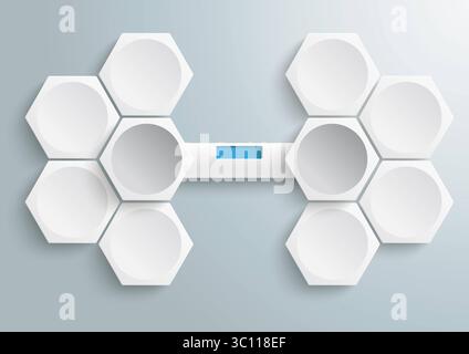Hexagons Blue Tab Infographic Infographic template with a blue tab and hexagons on the gray background. Stock Photo