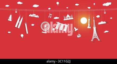 Landmark Asean symbols cute hanging icon, For the celebration of Christmas and New Year with full moon in red background, traveling around Asia using Stock Vector