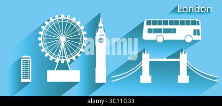 Journey landmarks icon set on blue background with long shadow, vector illustration white icon and symbol architecture of england, Paper cut style. Stock Vector
