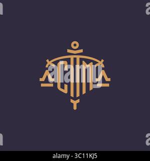Monogram CM logo for legal firm with geometric scale and sword style vector graphic Stock Vector