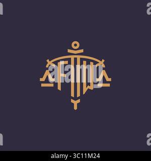 Monogram FW logo for legal firm with geometric scale and sword style vector graphic Stock Vector