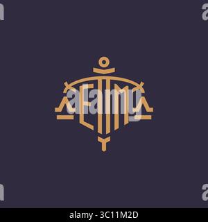 Monogram EM logo for legal firm with geometric scale and sword style vector graphic Stock Vector