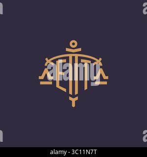 Monogram ET logo for legal firm with geometric scale and sword style vector graphic Stock Vector