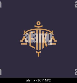 Monogram EK logo for legal firm with geometric scale and sword style vector graphic Stock Vector