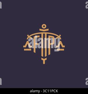 Monogram FP logo for legal firm with geometric scale and sword style vector graphic Stock Vector