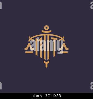 Monogram MT logo for legal firm with geometric scale and sword style vector graphic Stock Vector