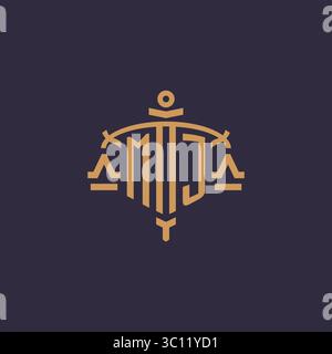 Monogram MJ logo for legal firm with geometric scale and sword style vector graphic Stock Vector
