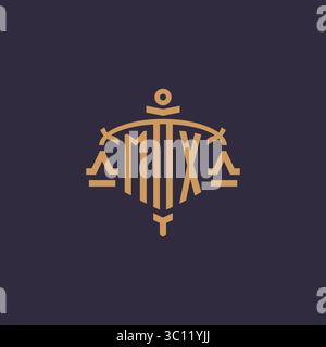 Monogram MX logo for legal firm with geometric scale and sword style vector graphic Stock Vector