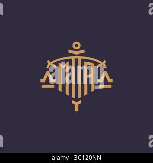 Monogram MR logo for legal firm with geometric scale and sword style vector graphic Stock Vector