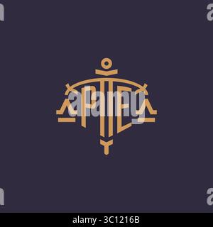 Monogram PE logo for legal firm with geometric scale and sword style vector graphic Stock Vector