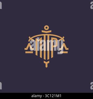 Monogram MP logo for legal firm with geometric scale and sword style vector graphic Stock Vector