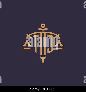 Monogram TJ logo for legal firm with geometric scale and sword style vector graphic Stock Vector