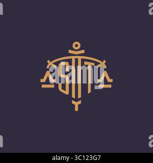 Monogram ST logo for legal firm with geometric scale and sword style vector graphic Stock Vector