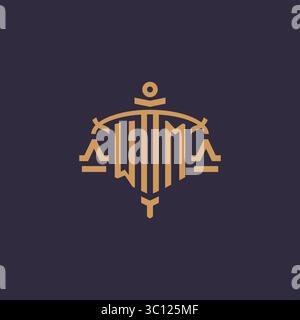 Monogram WM logo for legal firm with geometric scale and sword style vector graphic Stock Vector