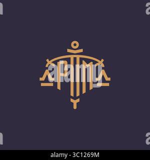 Monogram PM logo for legal firm with geometric scale and sword style vector graphic Stock Vector