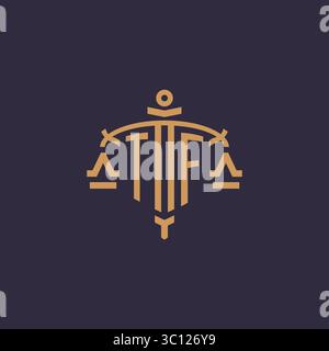 Monogram TF logo for legal firm with geometric scale and sword style vector graphic Stock Vector