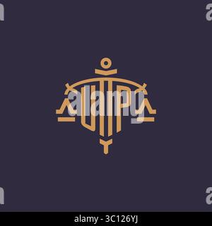 Monogram UP logo for legal firm with geometric scale and sword style vector graphic Stock Vector